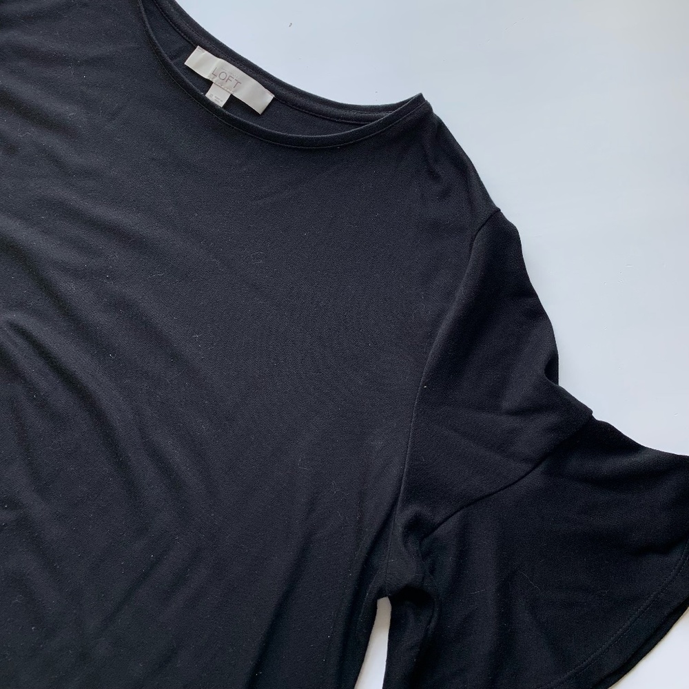 Loft | Ruffle Sleeve Black Elevated Knit Tee
